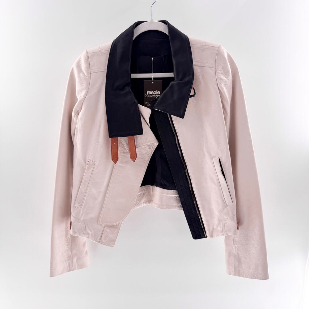 A.L.C. Shaw Cow Leather Long Sleeve Full Zip Moto Jacket White Black Women's 0